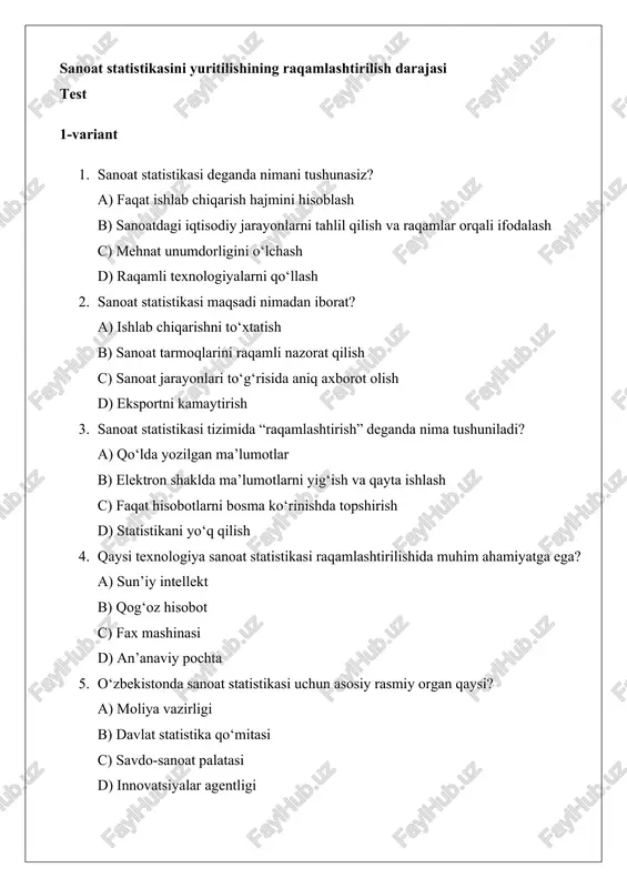 sanoat statistikasini yuritilishining raqamlashtirilish darajasi — DOCX