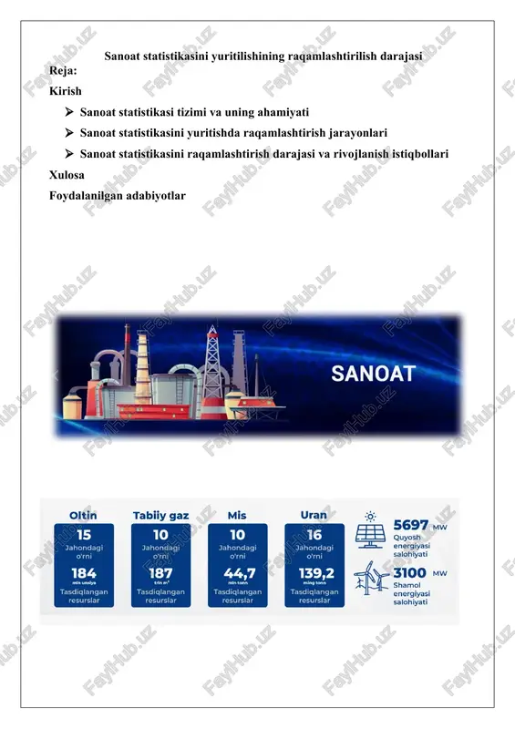 sanoat statistikasi tizimi va uning ahamiyati — DOCX