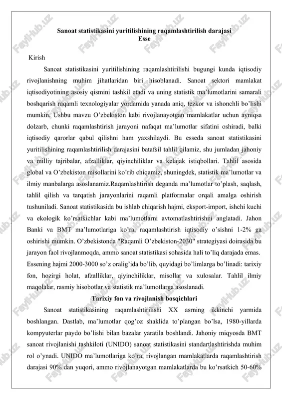 sanoat statistikasini yuritilishining raqamlashtirilish darajasi — DOCX