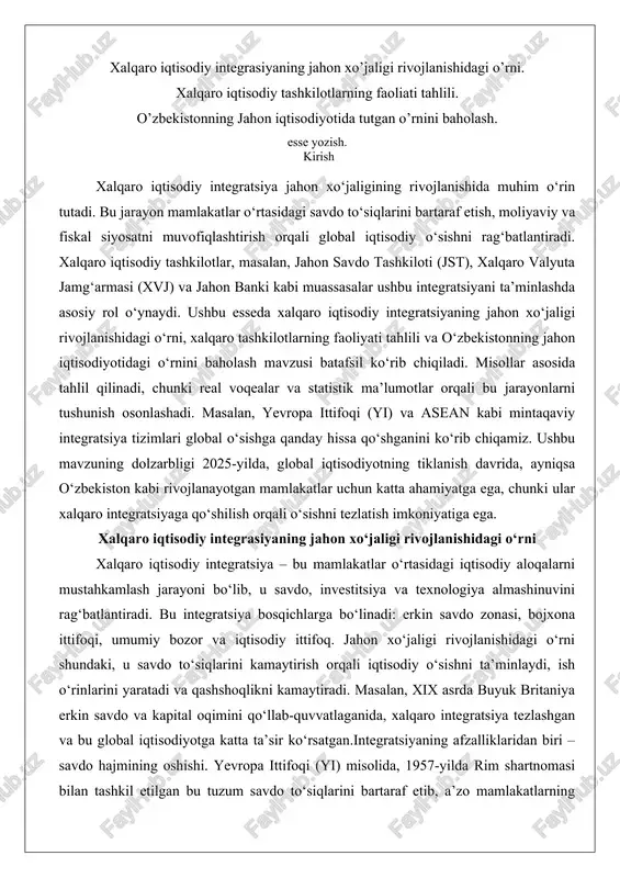 xalqaro iqtisodiy integratsiya jahon xo‘jaligi — DOCX