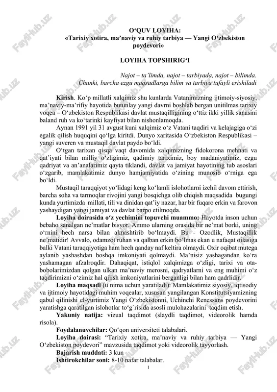 "tarixiy xotira, maʼnaviy va ruhiy tarbiya — yangi oʻzbekiston poydevori" — DOCX