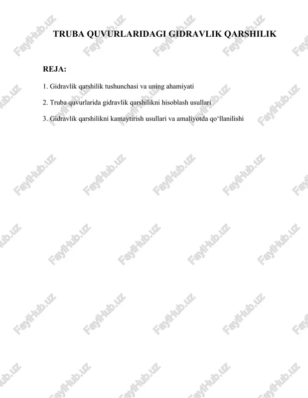truba quvurlaridagi gidravlik qarshilik — DOCX