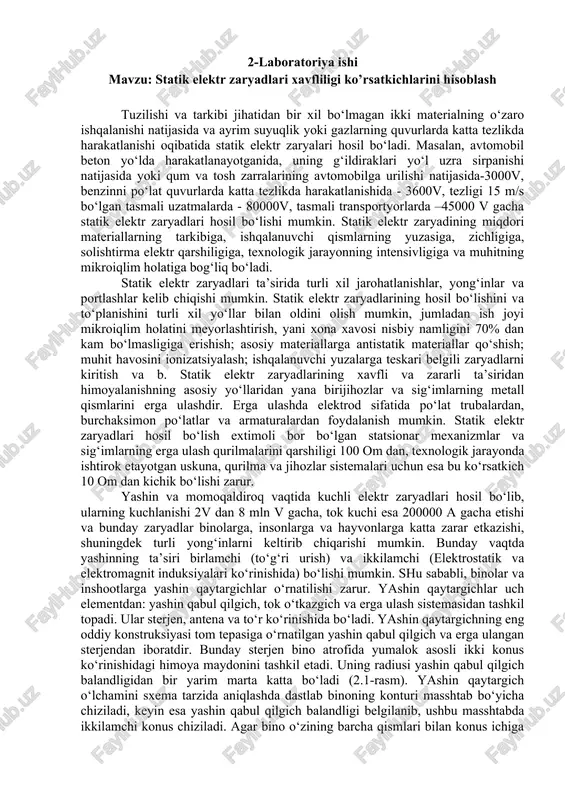 statik elektr zaryadlari xavfliligi ko’rsatkichlarini hisoblash — DOCX