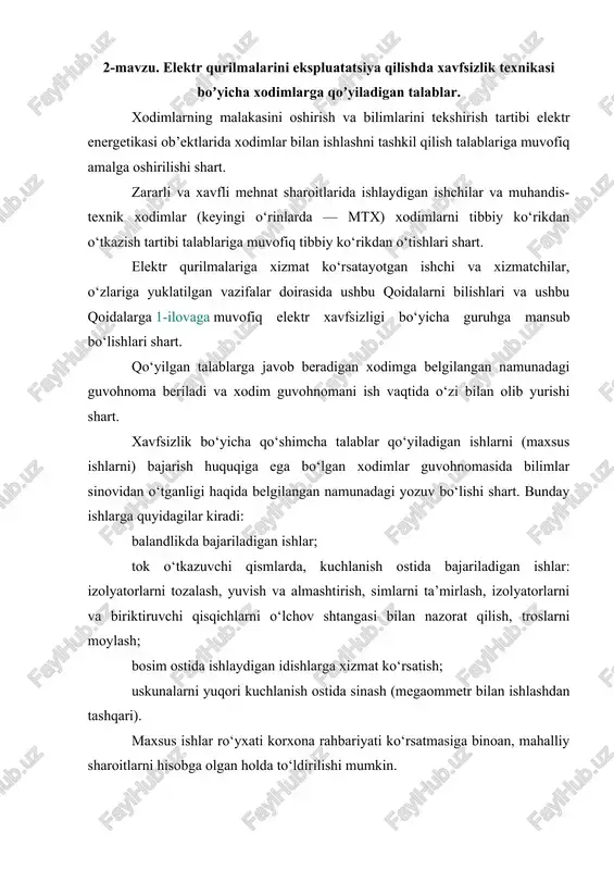 elektr qurilmalarini ekspluatatsiya qilishda xavfsizlik texnikasi — DOCX