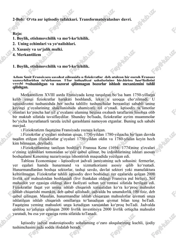 "2-bob: o‘rta asr iqtisodiy tafakkuri. transformatsiyalashuv davri." — DOC