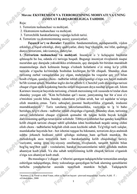 ekstremizm va terrorizmning mohiyati va uning jamiyat barqarorligiga tahdidi — DOCX
