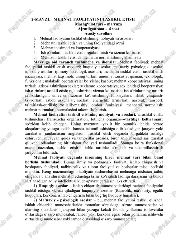mehnat faoliyatini tashkil etish — DOCX