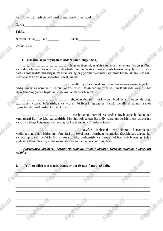 ko’tarish-tashish, yo’l qurilish mashinalari va jixozlari — DOCX
