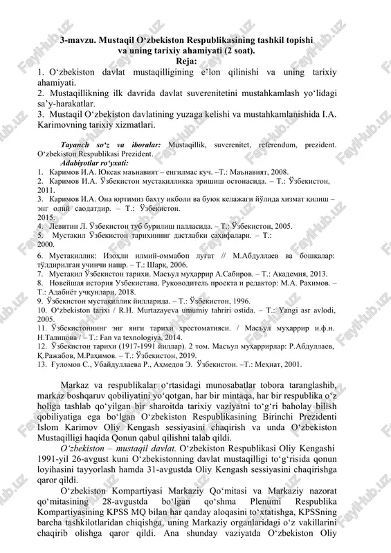 mustaqil o‘zbekiston respublikasining tashkil topishi va uning tarixiy ahamiyati — DOCX