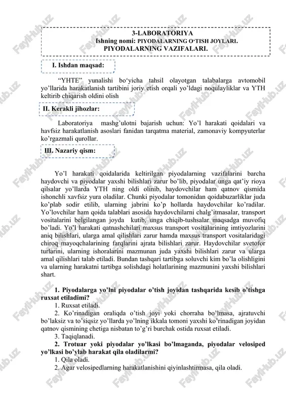 piyodalarning o‘tish joylari. piyodalarning vazifalari. — DOCX