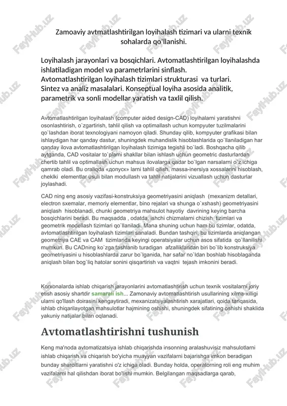 avtomatlashtirilgan loyihalash tizimlari — DOCX