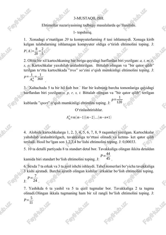 ehtimollar nazariyasining tadbiqiy masalalarda qo’llanilishi — DOCX