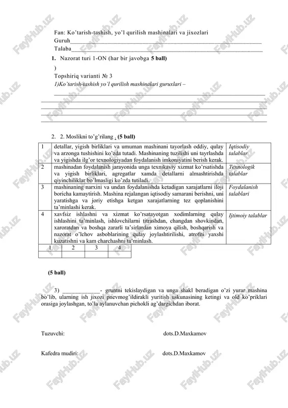 ko’tarish-tashish, yo’l qurilish mashinalari va jixozlari — DOCX