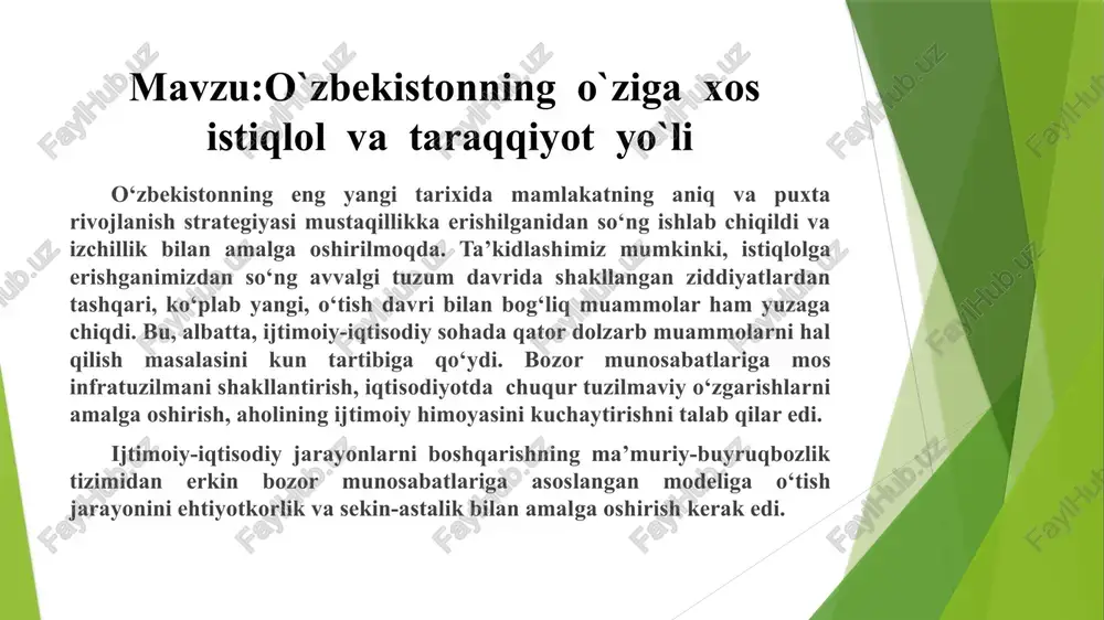 oʻzbekistonning oʻziga xosistiqlo va tarqiyot yoʻli — PPTX
