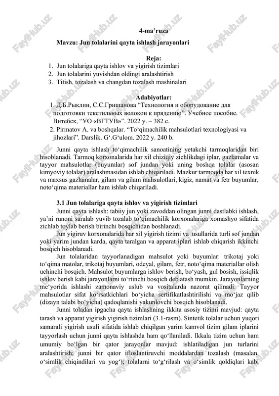 jun tolalarini qayta ishlash jarayonlari — DOCX