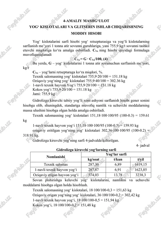 yog‘ kislotalari va glitserin ishlab chiqarishning moddiy hisobi — DOCX