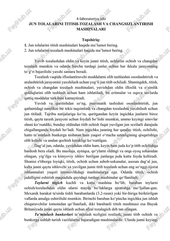 jun tolalarini titish-tozalash va changsizlantirish mashinalari — DOCX