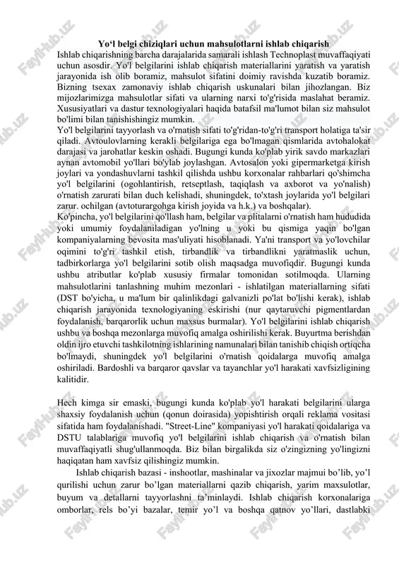 yo‘l belgi chiziqlari uchun mahsulotlarni ishlab chiqarish — DOCX