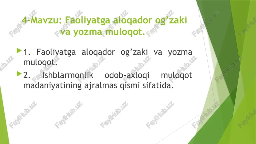 faoliyatga aloqador o'zaki va yozma loqot — PPTX