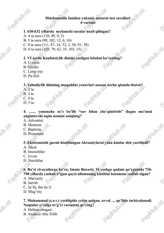 dinshunoslik fanidan yakuniy nazorat test savollari — DOC