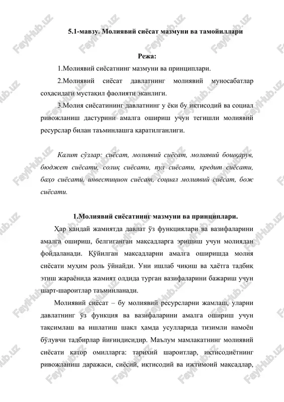 moliyaviy siyosat mazmuni va tamoyillari — DOCX