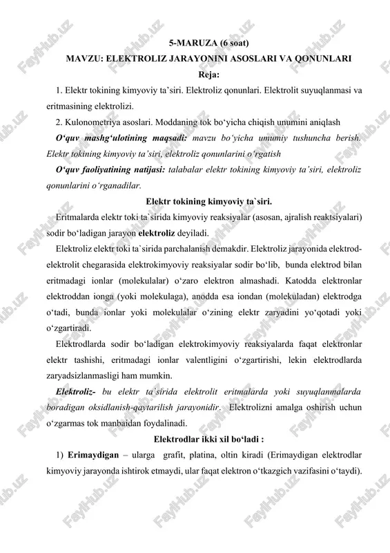 elektroliz jarayonini asoslari va qonunlari — DOCX