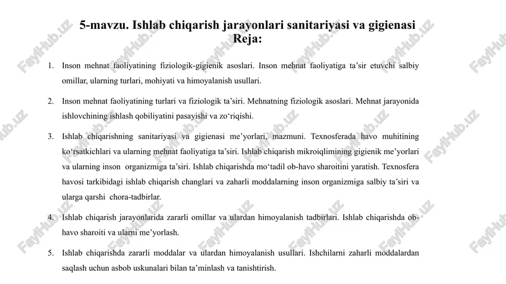 ishlab chiqarish jarayonlari sanitariyasi va gigienasi — PPTX