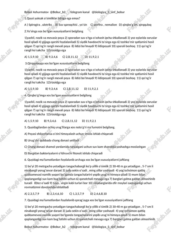 qaysi yuksak o’simliklar ildizga ega emas? — DOCX