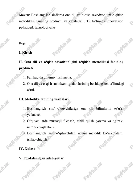 boshlang'ich sinflarda ona tili va o'qish savodxonliini o'qitish metodikasi — DOCX