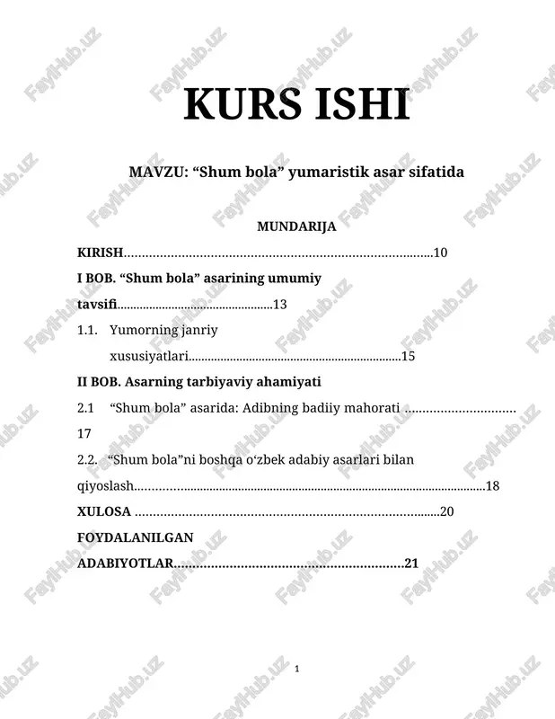 "shum bola" yumaristik asar sifatida — DOCX