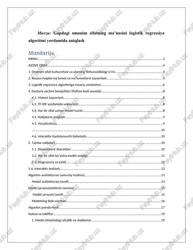 gapdagi omonim sifatning ma’nosini logistik regressiya algoritmi yordamida aniqlash — DOCX