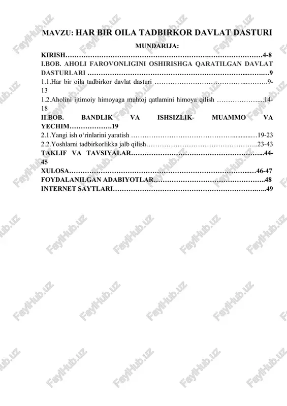 har bir oila tadbirkor davlat dasturi — DOCX