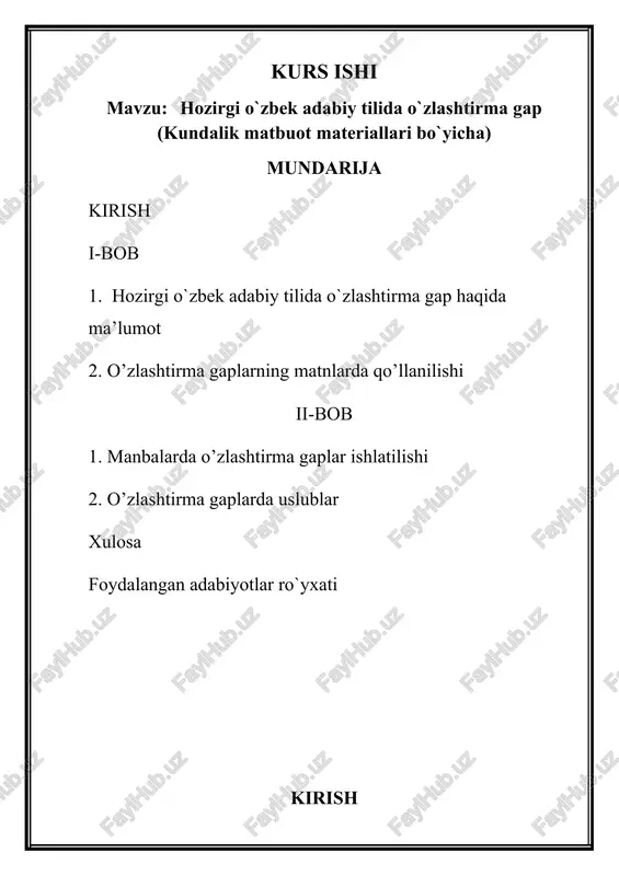 hozirgi o`zbek adabiy tilida o`zlashtirma gap — DOCX