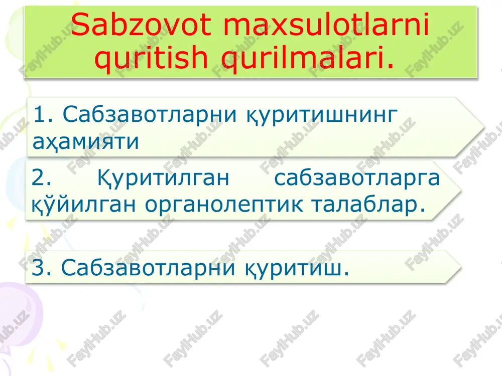 sabzovot maxsulotlarni quritish qurilmalari — PPTX