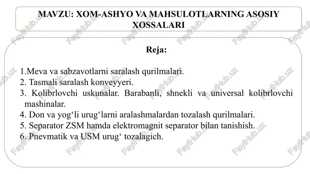 meva va sabzavotlarni saralash qurilmalari — PPTX