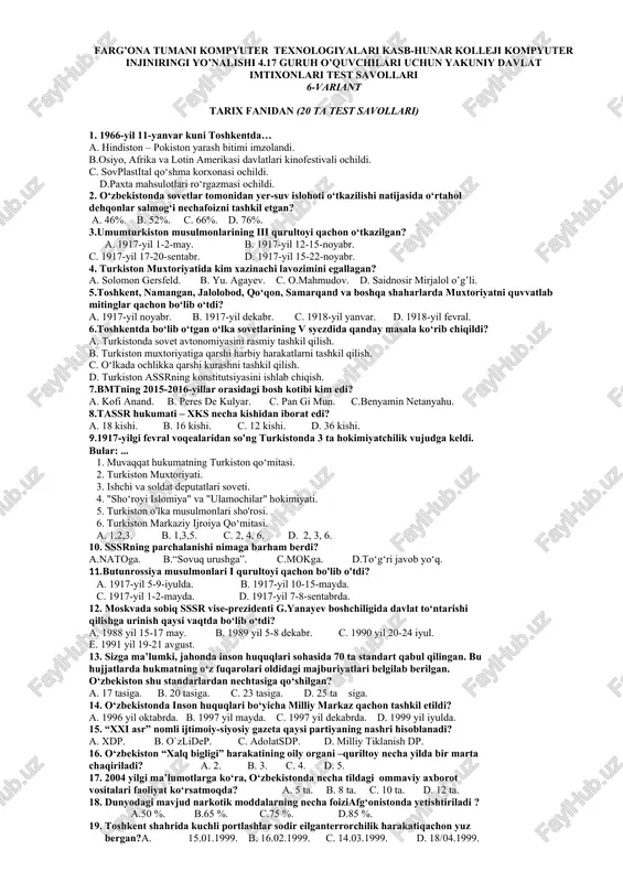 tarix fanidan imtixon test savollari — DOC