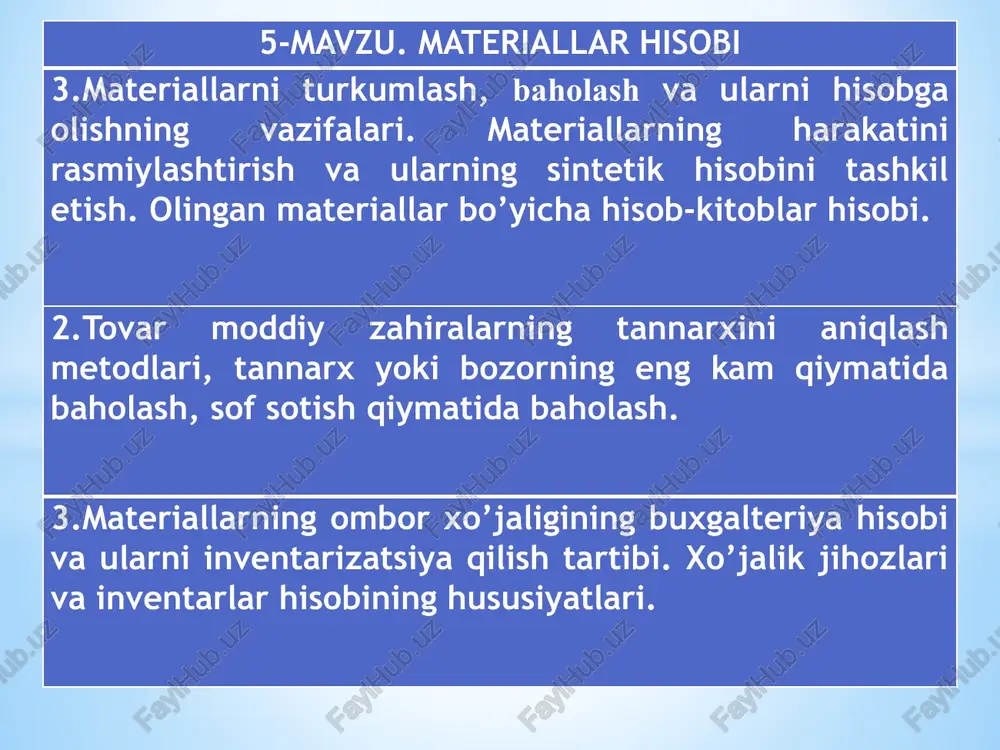 mavzu. materiallar hisobi — PPTX