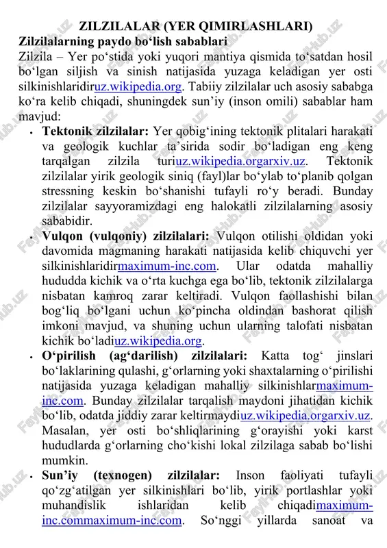 zilzilalar (yer qimirlashlari) — DOCX