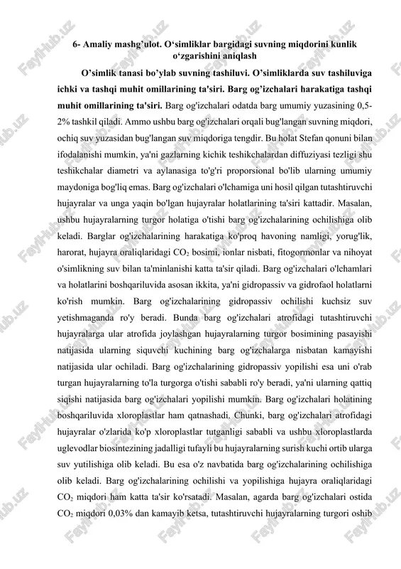 o`simliklar bargigagi suvning miqdorini aniqlash — DOCX