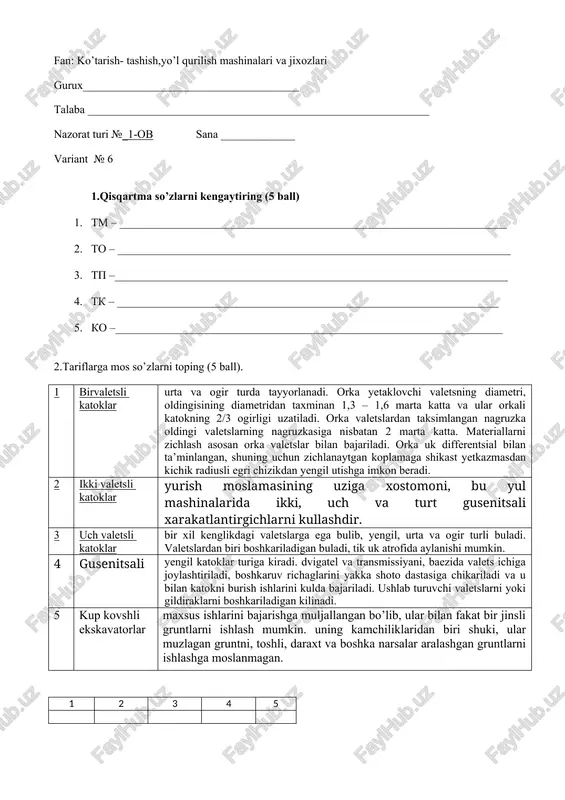 fan: ko’tarish- tashish,yo’l qurilish mashinalari va jixozlari — DOCX