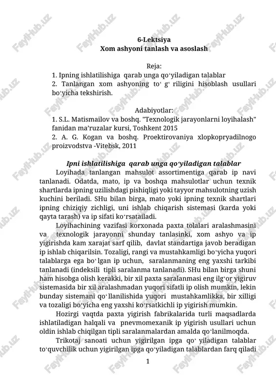 xom ashyoni tanlash va asoslash — DOCX