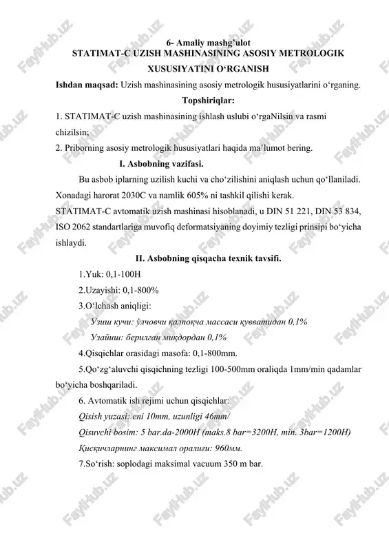statimat-c uzish mashinasining asosiy metrologik xususiyatini o‘rganish — DOCX