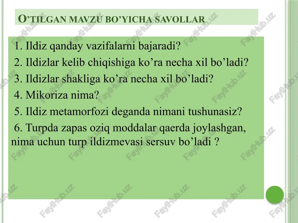o'tilgan mavzu bo'yicha savollar — PPTX