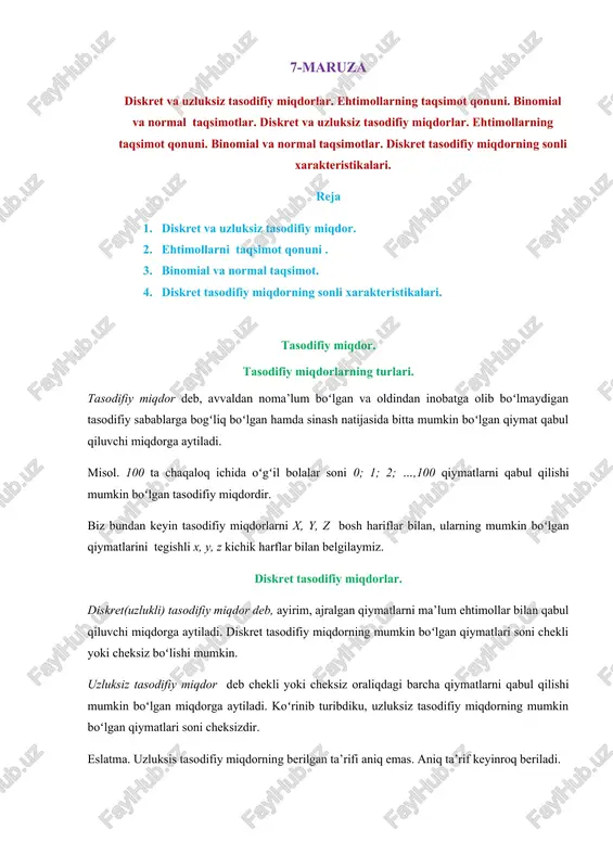 diskret va uzluksiz tasodifiy miqdorlar — DOCX