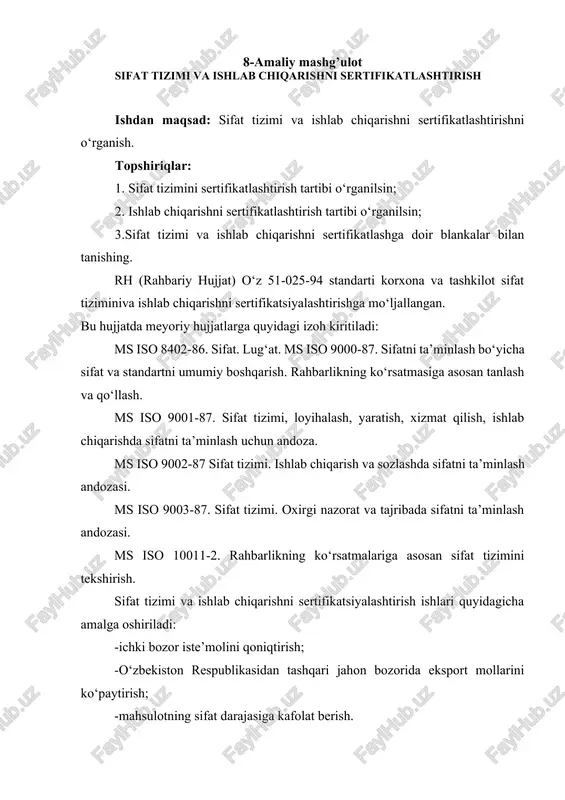 sifat tizimi va ishlab chiqarishni sertifikatlashtirish — DOCX