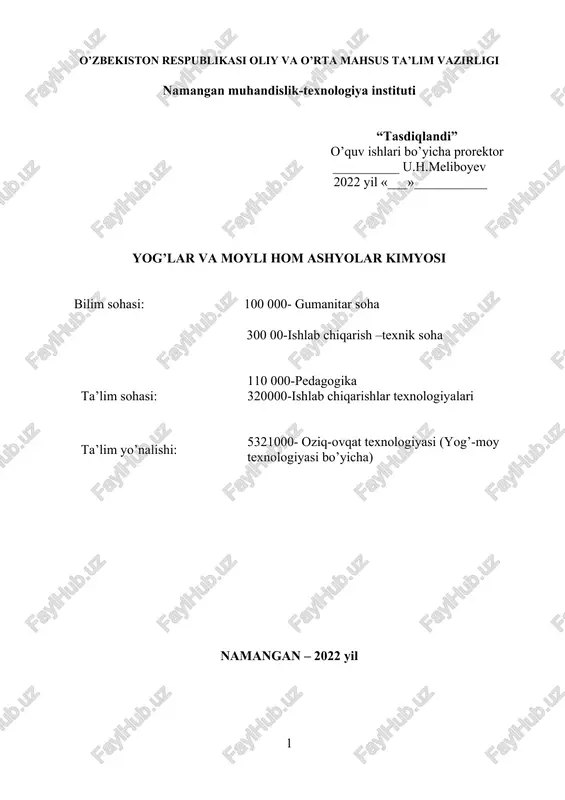 yog’lar va moyli xom ashyolar kimyosi — DOC