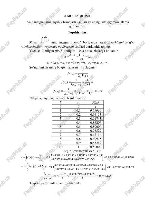 aniq integrallarni taqribiy hisoblash usullari — DOCX