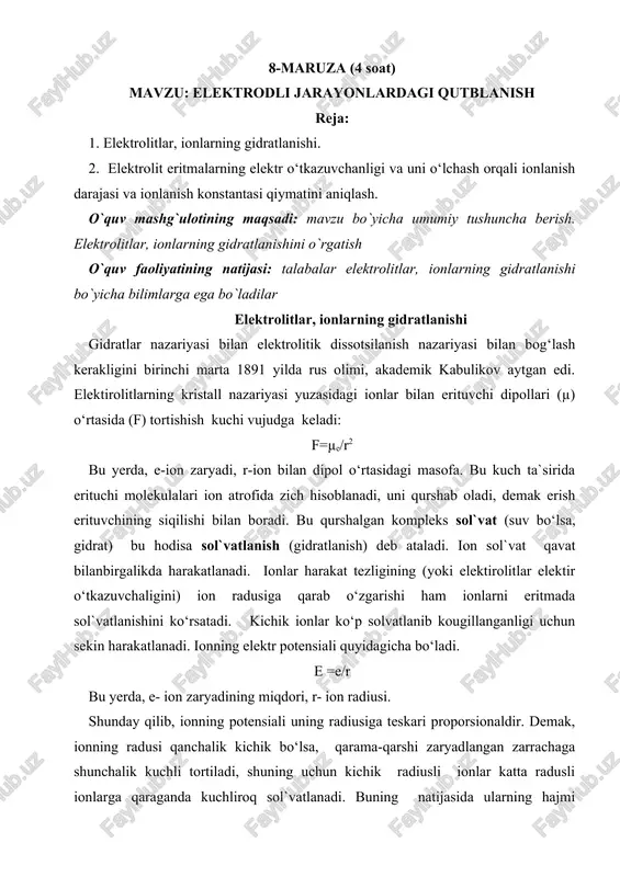 elektrodli jarayonlardagi qutblanish — DOCX