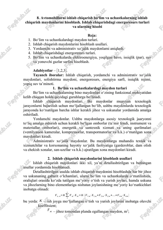bo‘lim va uchastkalarning ishlab chiqarish maydonlarini hisoblash — DOCX