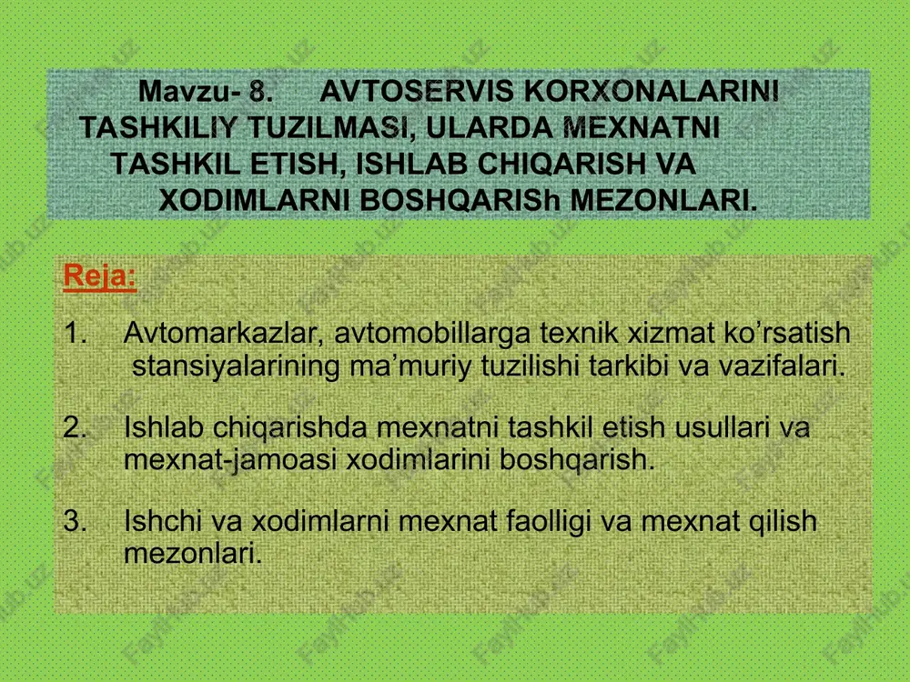 avtoservis korxonalarini tashkiliy tuzilmasi — PPT